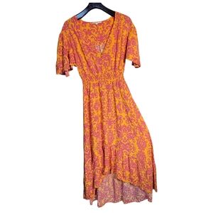 Anthropology Abel The Label Orange Pink Flutter Sleeve Midi Sundress